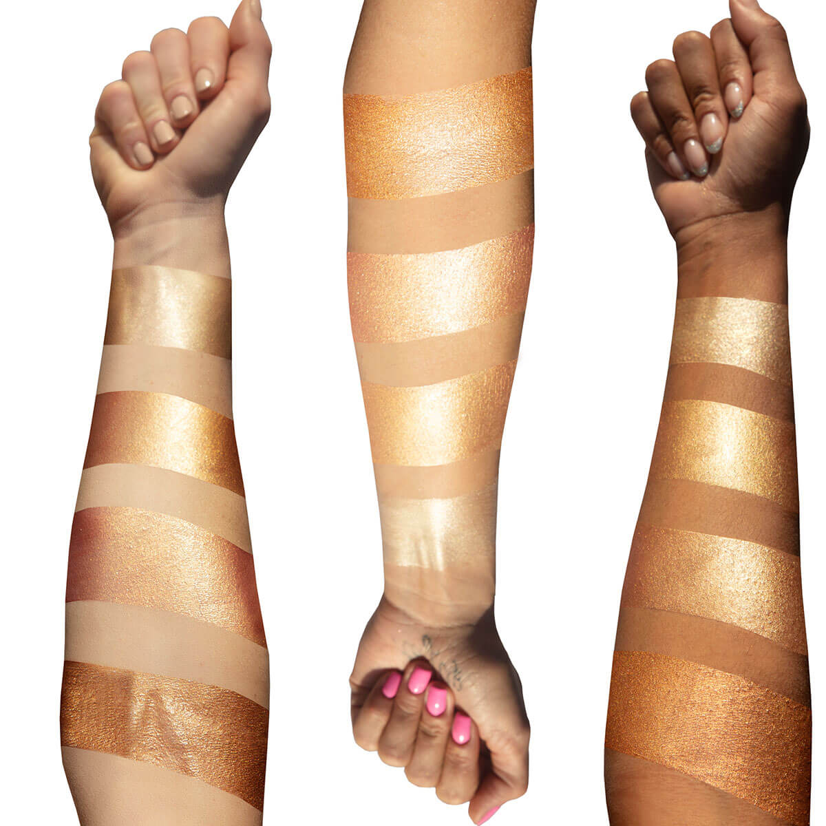 Arm Swatches of Beautiful mess on three different skin tones#Golden Dew