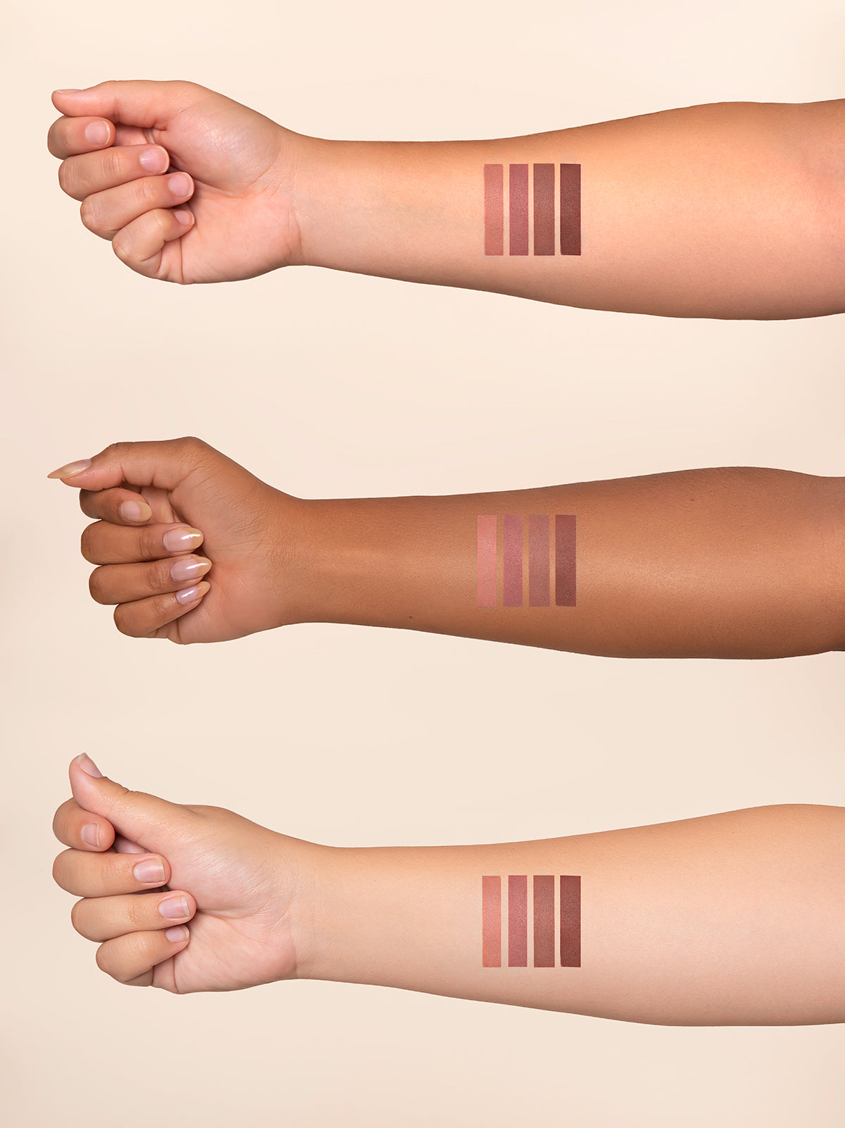 Arm Swatches of Beautiful mess on three different skin tones#Nudie