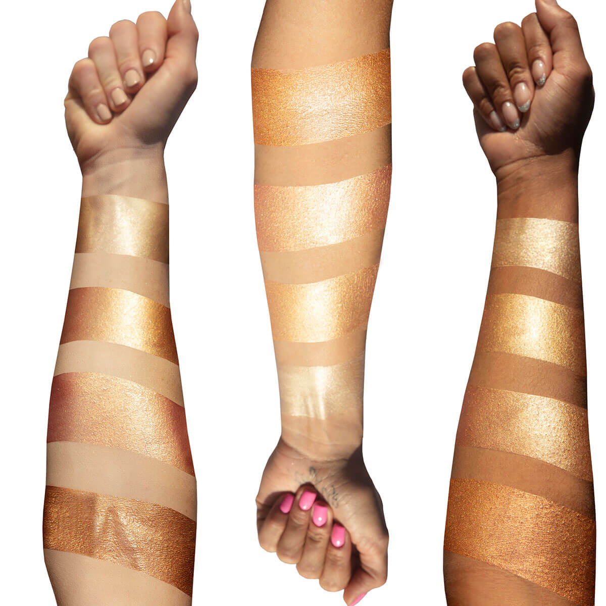 Arm Swatches of Beautiful mess on three different skin tones